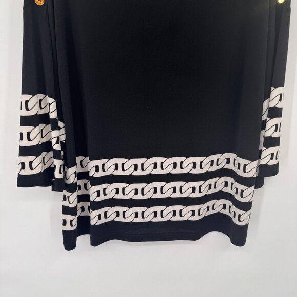 Chicos 2 Black knit Top  Gold Button Accents  Chain Print Hem Womens size Large - Picture 6 of 11